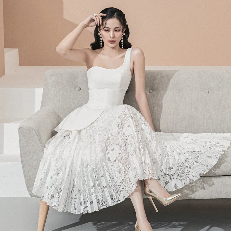 Female Formal Women's Party Dress White Mid-Length One Shoulder Two-Piece  Suit Casual Style Lace Dress for Spring Summer Social