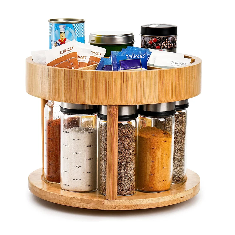 Round 2 Tier Rotating Lazy Susan Turntable Home Kitchen Bamboo Spice Rack Organizer for Cabinet