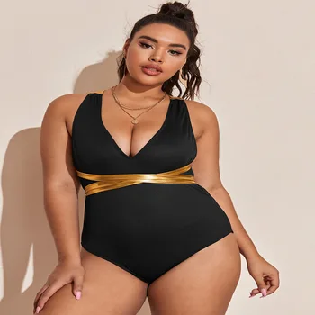 2022 Summer Trendy Solid Color Backless Sexy Deep V Bronzing Straps One-Piece Large Size Women Swimsuit Bikini Ladies Designer S