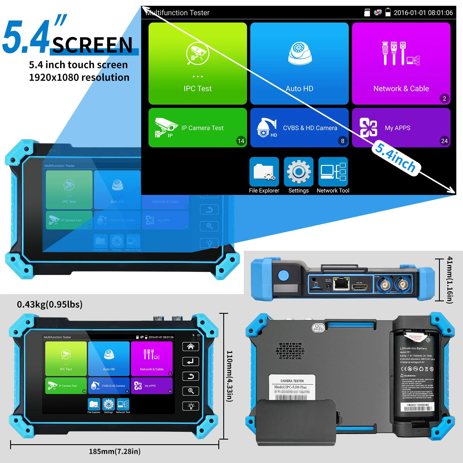 8K IP Camera Tester with Cable Tracer IPC5200C Plus 8MP AHD CVI TVI SDI CVBS IP Camera Test 4K HD Display HD-SDI Video Monitor