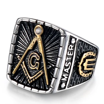 Vintage Two -tone AG Masonic freemason Biker Gold Ring Stainless Steel Demolay Silver Ring With White CZ