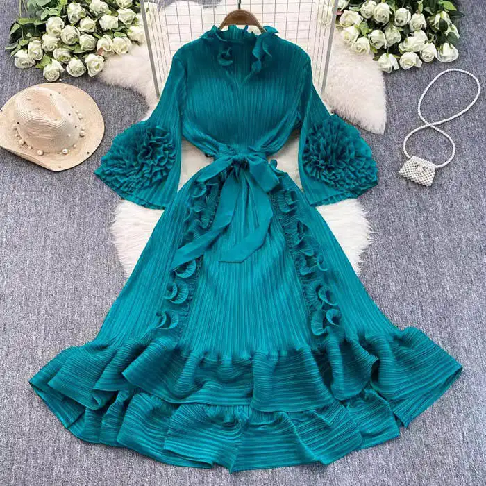 Miyake New Style Export Pleated Hand-Cranked Flower Trim Fashion Plus Size Long Dress Abaya Women Dress