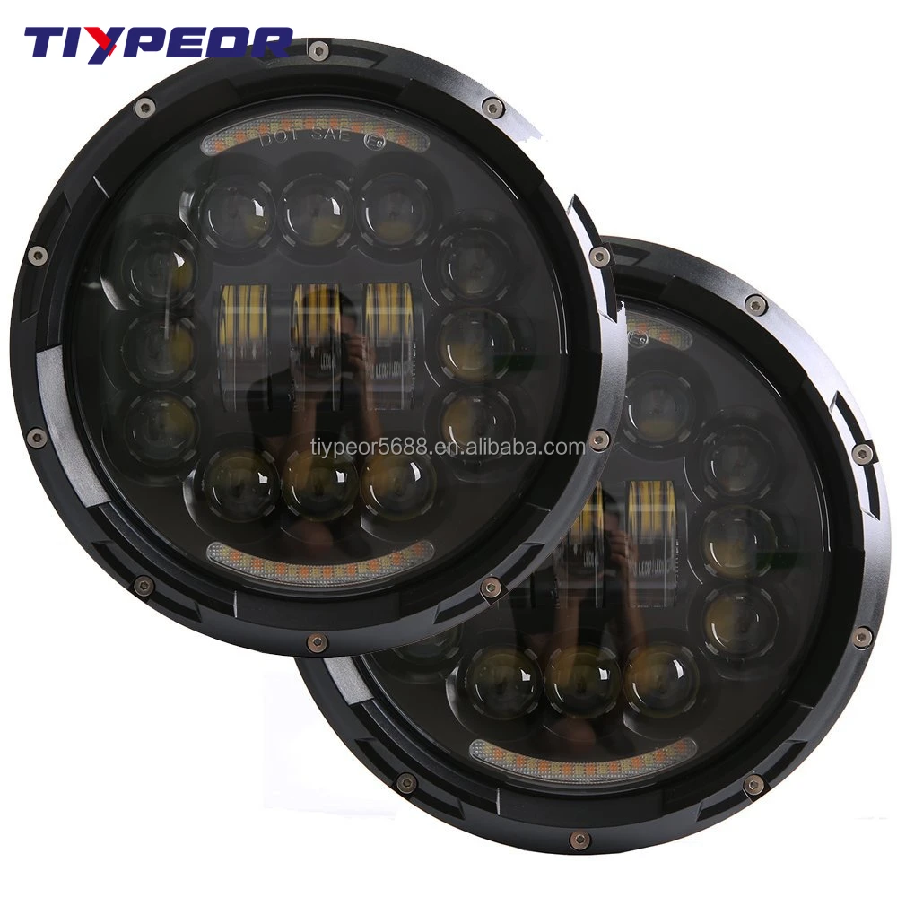 product tiypeor 7 inch 90w led headlight black chrome round with drl turning signal light for jk cj tj hummer for motorcycle-3