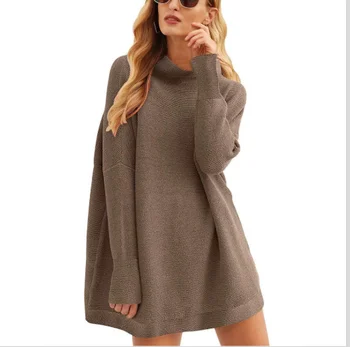 2022 Winter Crew Neck Oversized Long Sleeve Lady Cotton Polyester High Quality Ribbed Knit Sweater Mini Dress For Women