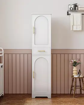 Floor Bathroom Cabinet with 2 Doors Adjustable Shelves Narrow Tall Corner Cabinet for Bathroom Living Room Laundry White
