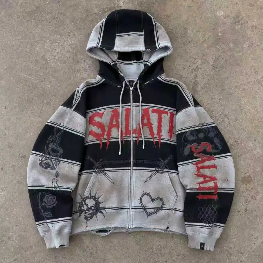 OEM Custom Men Hoodies Multi Color Washed Full Zip Oversized Gothic Graphic Distressed Streetwear Fashion Men Zip Up Hoodie gallery 4