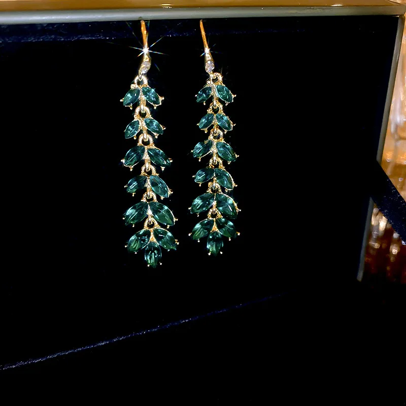 Fresh flash green leaf ear hook light luxury personality temperament earrings