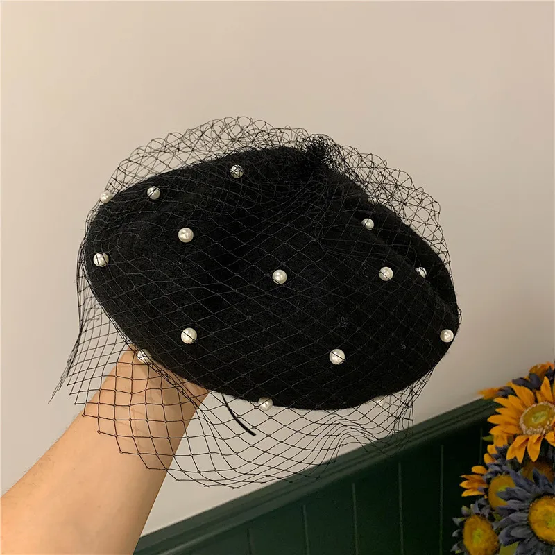 10 Colors Women 100% Wool Felt Pearl Mesh Veil French Beret display picture 2