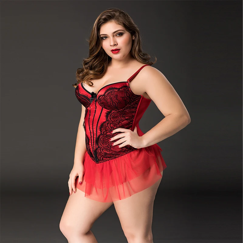 Luxury Fat Women Sexy Lace Corset Bustiers Lingerie Red Short Dress Garter Belt slip Ladies Lingerie