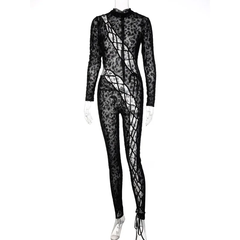 Leopard Patchwork Hollow Out See Through Bandage Sexy Jumpsuit Women ...