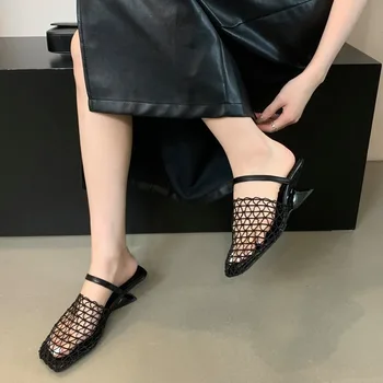 Custom Elegant Black New Breathable Woven Mesh Square Toe Sandals Roman Style Sandals Wedged Women's Slippers