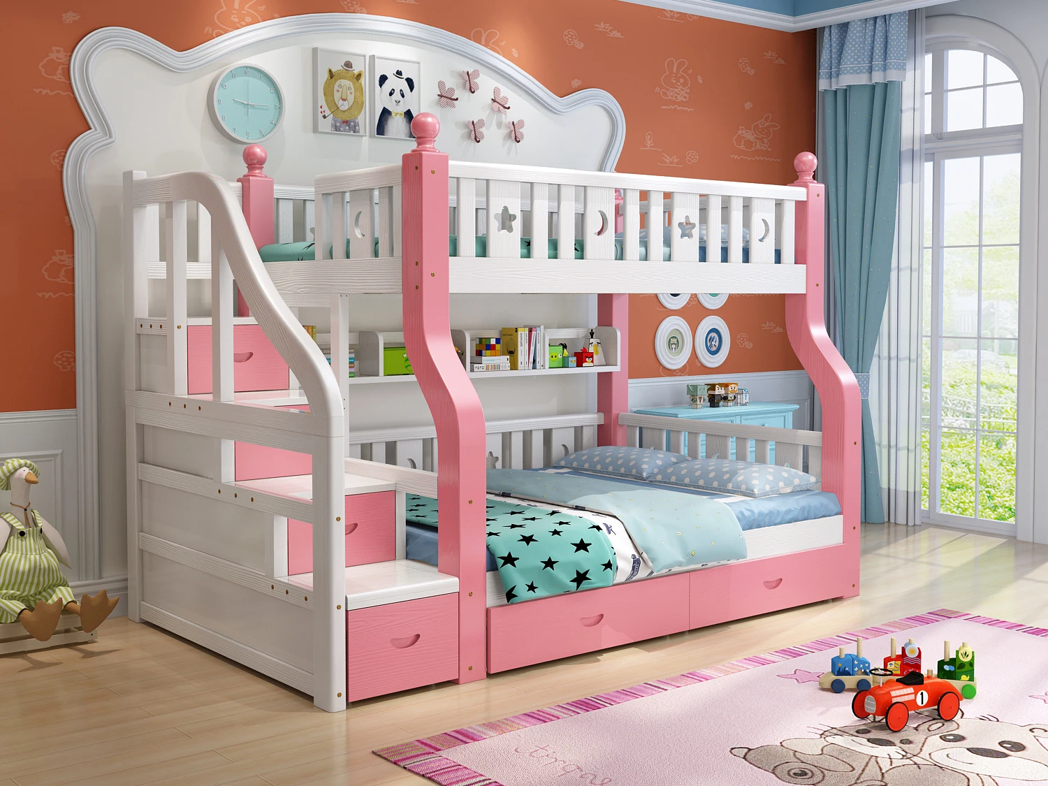 Красочная деревянная детская недорогая двухъярусная кровать для детской спальни
