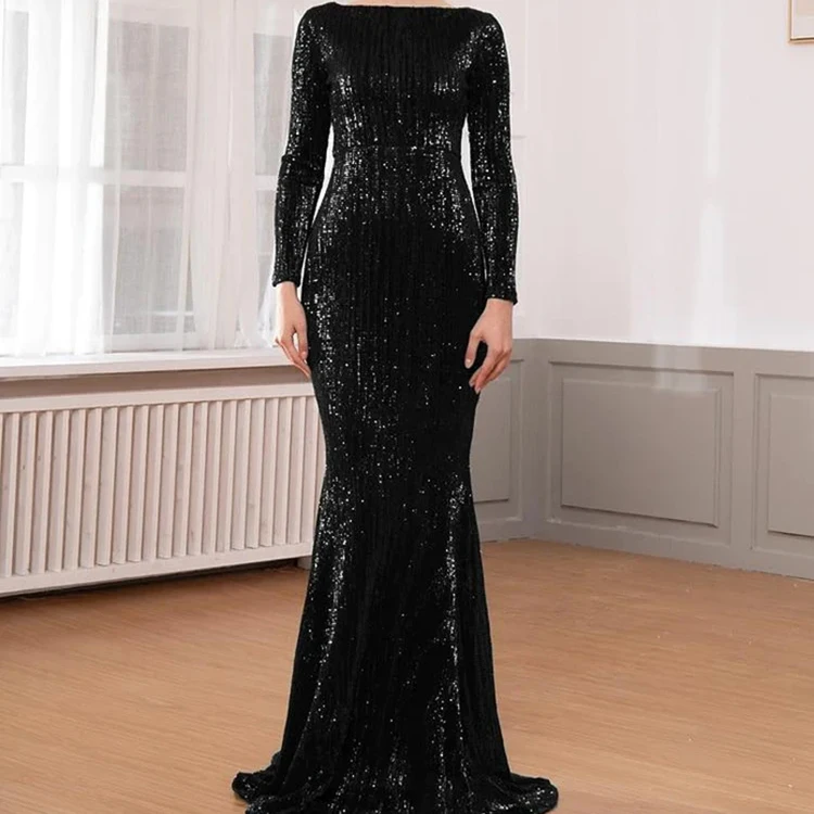 Custom Women's Evening Party Dress Sequined Decoration Oneck Gowns