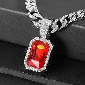 Cool Style Rhinestone Square Ruby Pendant Full Diamond Necklace Fashion Jewelry Necklace