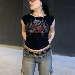Womens Black Short  Sleeve T  Shirt with Skull Heart  Wing Rhinestone Print -Stylish Gothic Street Wear