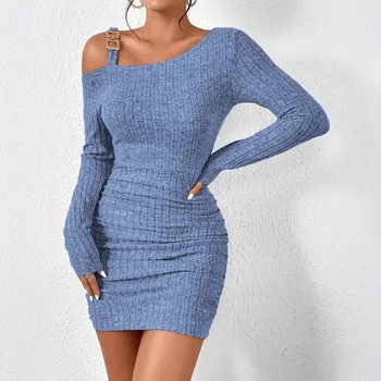 2025 Women's Autumn Casual Solid Color Dress Rib Chain Strap Ring Detail Asymmetrical Neck Ruched Bodycon Mini Knit Dress