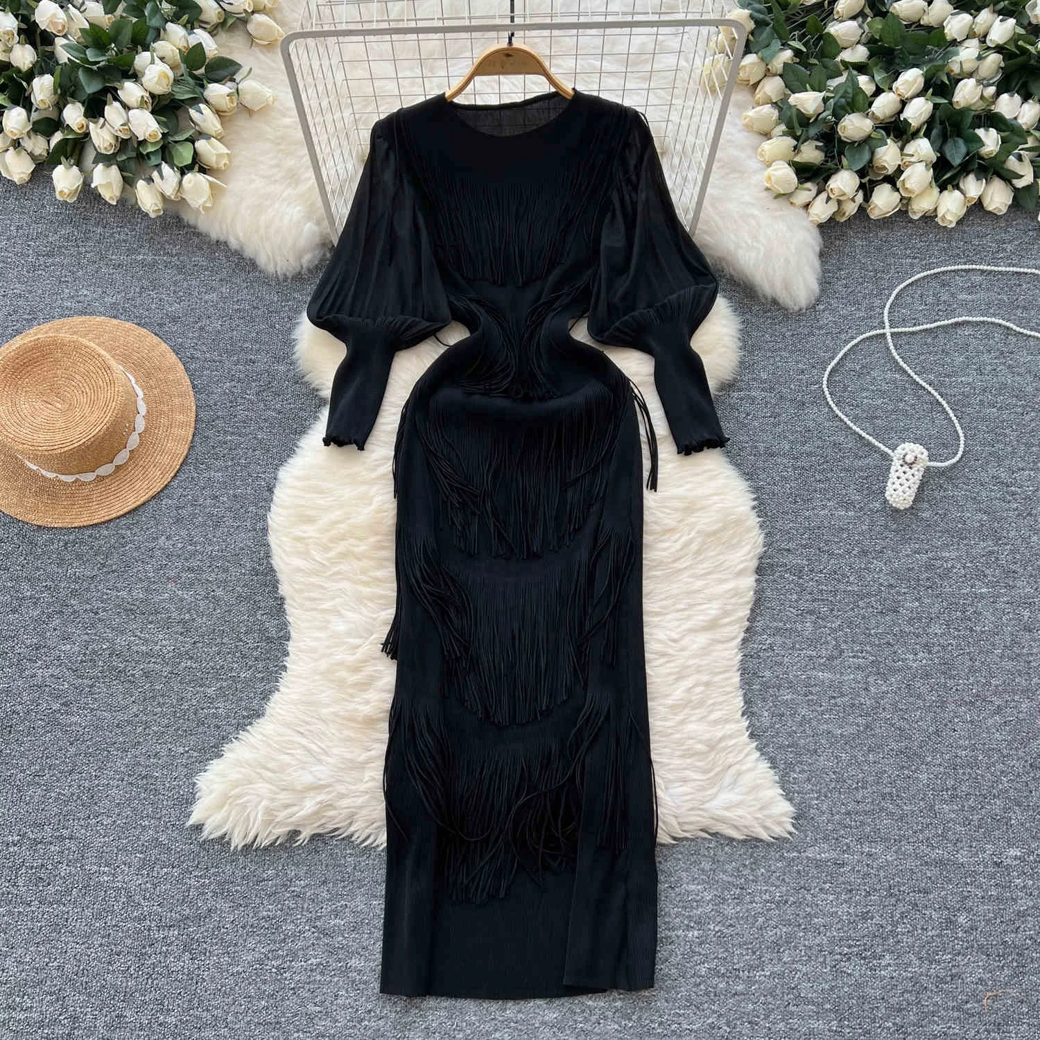 Europe and the United States Senior Lantern Sleeve Dress Women Fall Tassel Slim Elegant Casual Long Dresses Europe and the United States Senior Lantern Sleeve Dress Women Fall Tassel Slim Elegant Casual Long Dresses