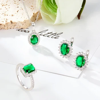 Fashion Hot Selling Emerald Zircon Crystal Vintage Silver 925 Jewelry Set For Women Emerald Zircon Set For Women