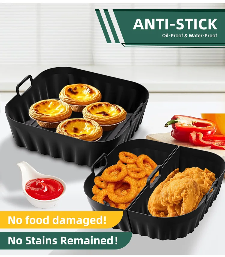 Non-Stick Silicone Air Fryer Tray, Multi-Compartment Baking Pan for Egg Tarts Fried Food, Oil-Proof Reusable Air Fryer Accessory details