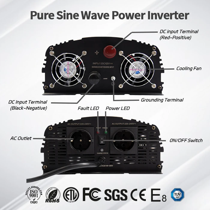 Off Grid Solar Power Inverter UPS 1200W 12V 24V DC 110V 220V AC Pure Sine Wave Inverter with  Battery Charger