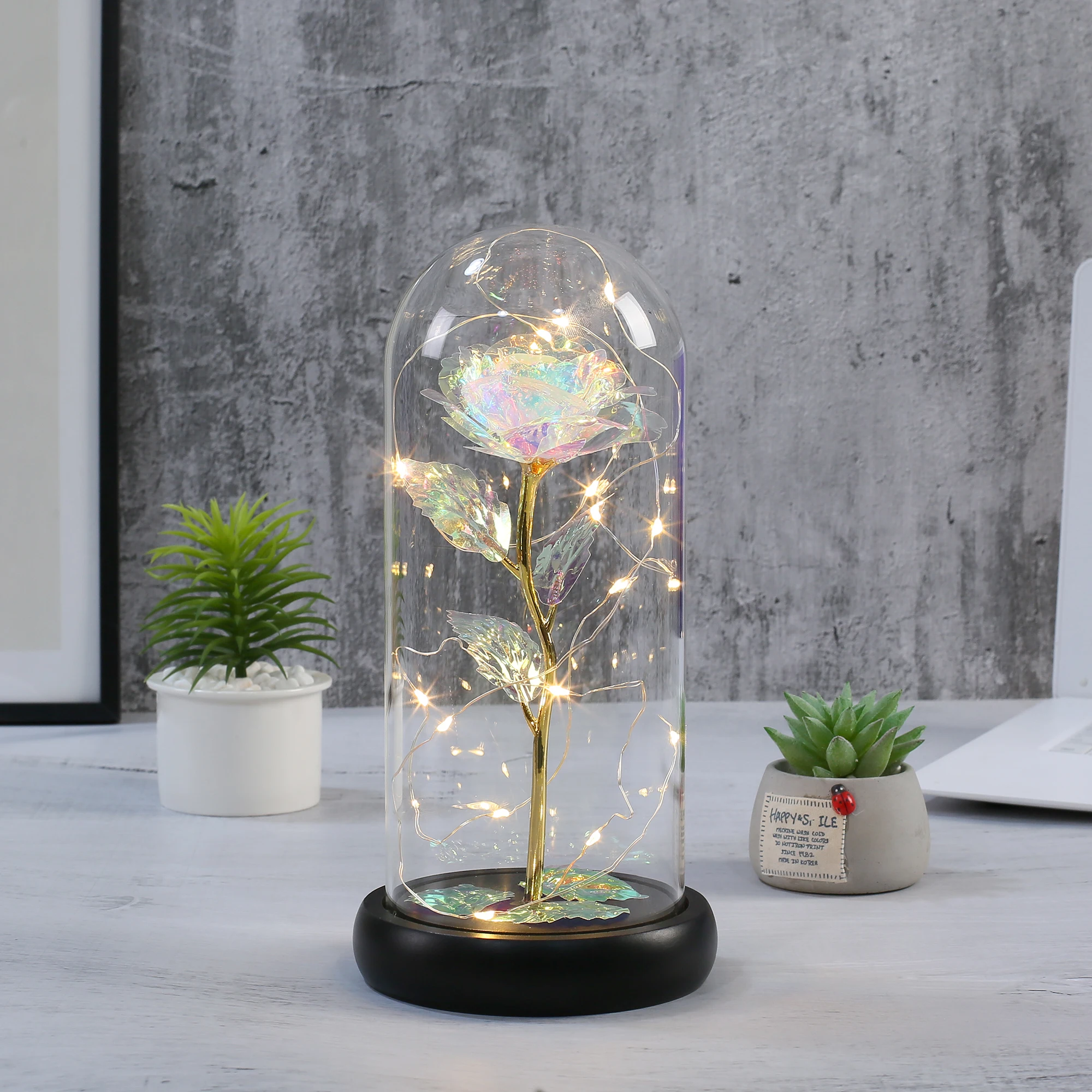 Preserved flower in glass dome with wooden base with led light for home decoration supplier