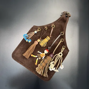 Women's Top-Notch Suede Sheepskin Leather Handbag Tassel Open Closure Polyester Lucky Robot Bag Pendant Underarm Accessory