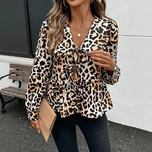 A New Retro Leopard Print Sweet Chest Tie Lapel Shirt for Women in the Autumn of 2025