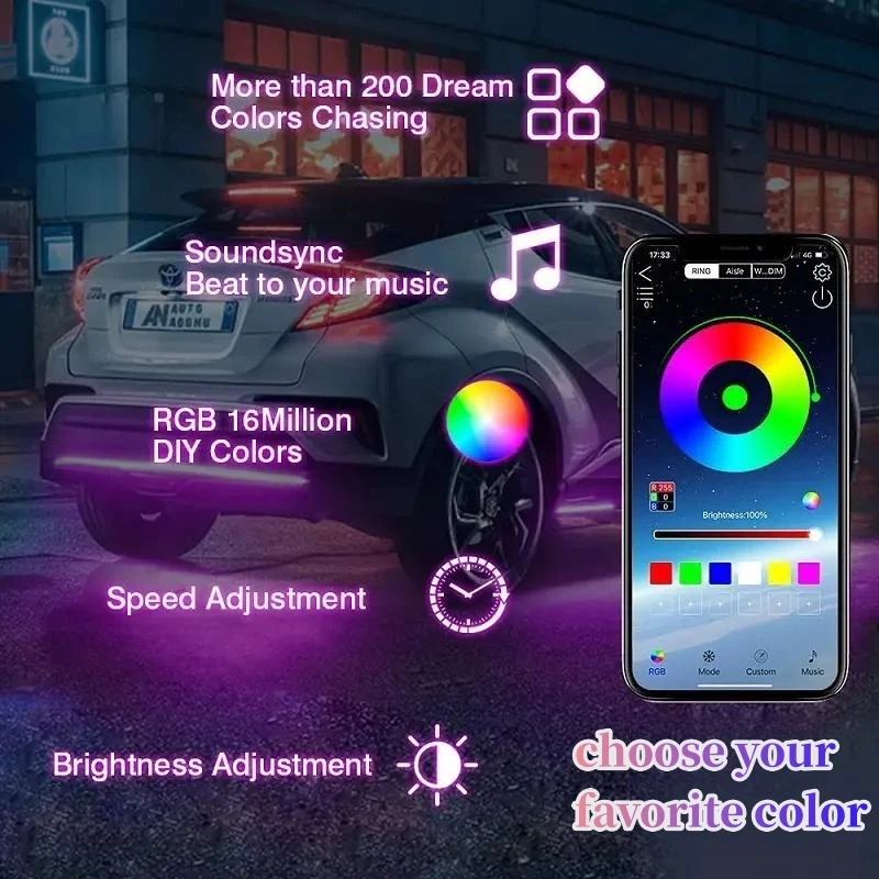 4 Pcs Dream Color Rgb Chasing Waterproof Car Ambient Light Kit