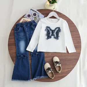 2026 Autumn Winter Kids Wear Wholesale Long Sleeve butterfly Sweater Denim Flare Pants 2pcs Suits Clothing for Girls