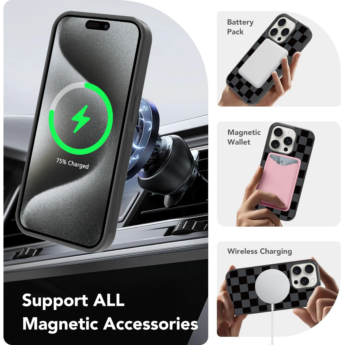 Simple phone case Anti-slip Magnetic Patch Black and Grey Squares For iPhone 16 15 14 13 12 11 Pro Promax HWC02 details