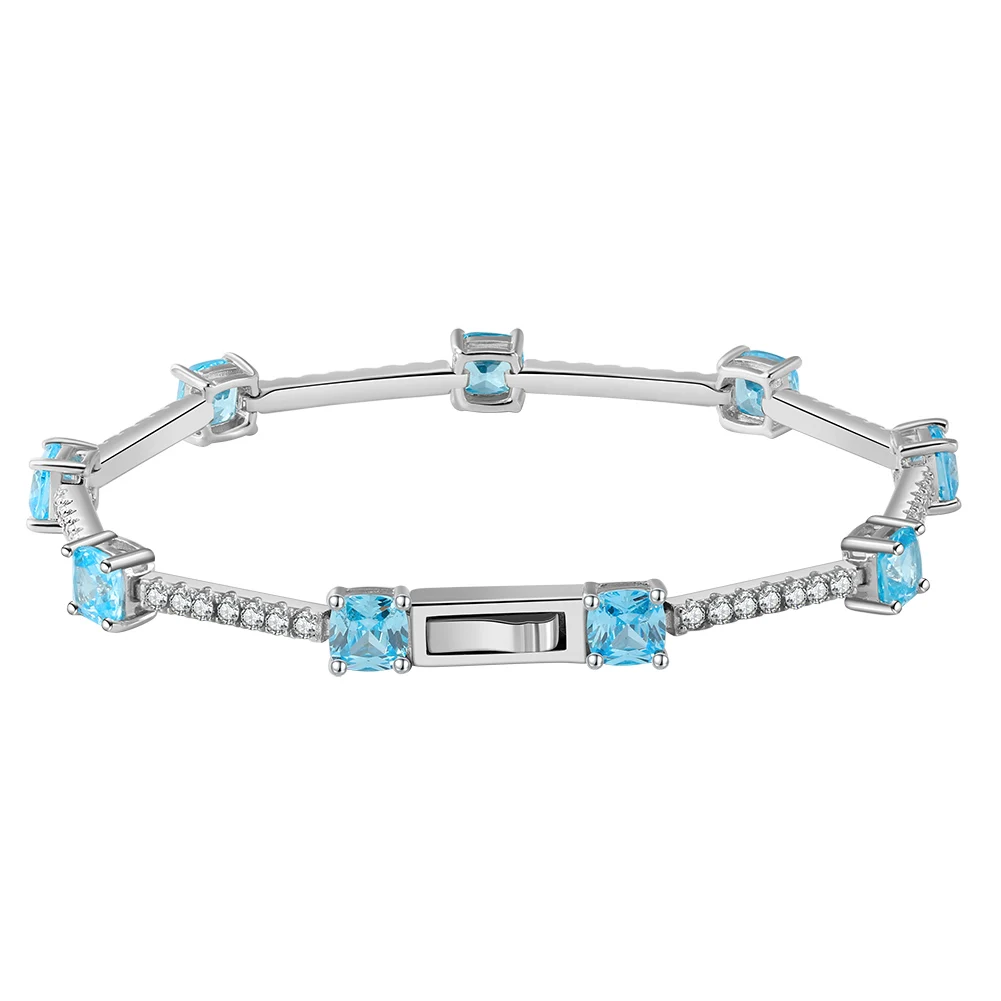 LZB05 RINNTIN 925 Sterling Silver Created Aquamarine with 5A Clear CZ  Tennis Bracelet
