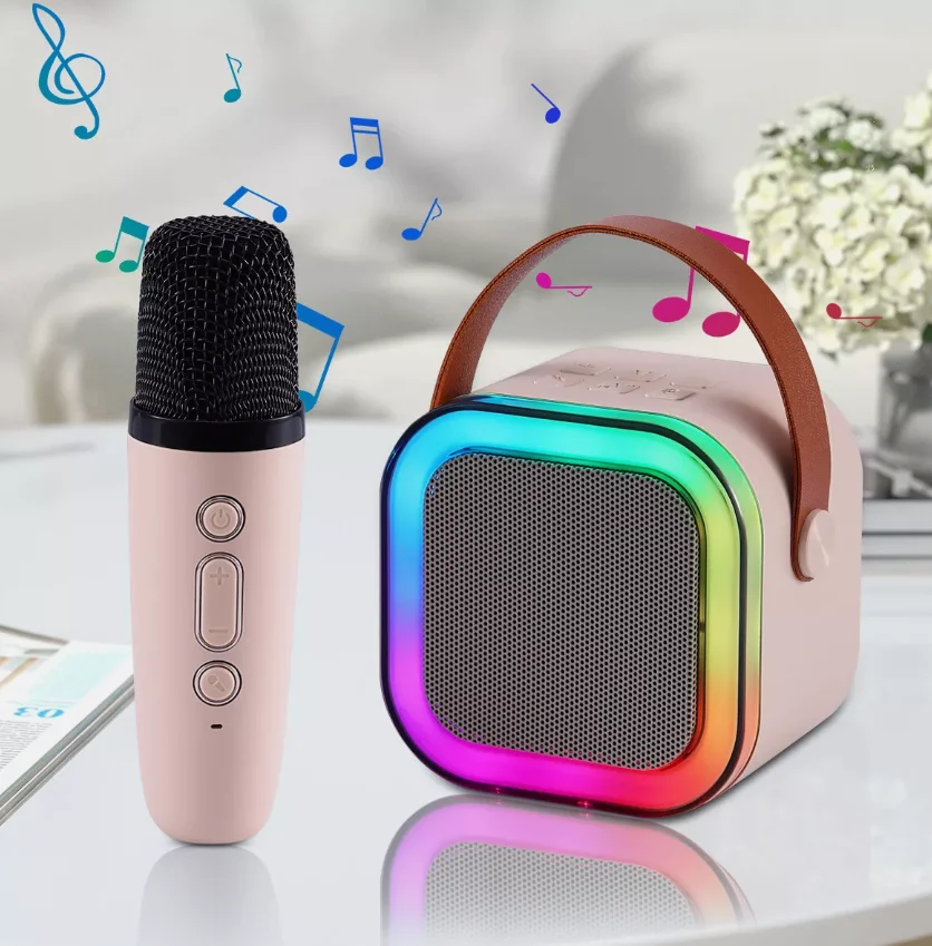 Mini Karaoke Machine Portable Wireless Bluetooth Speaker with Dual Microphones with color lights for Kids Adults