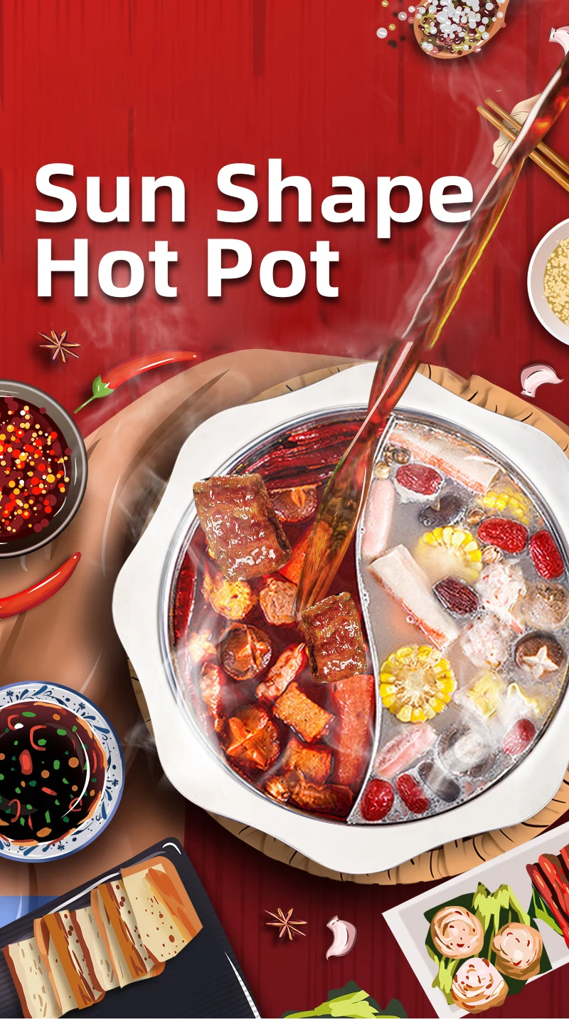 Wholesale Low Good Price Sun Shape Design 2 Compartments Stainless Steel 0.8mm Stainless Steel Individual Hot Pot Soup Hotpot