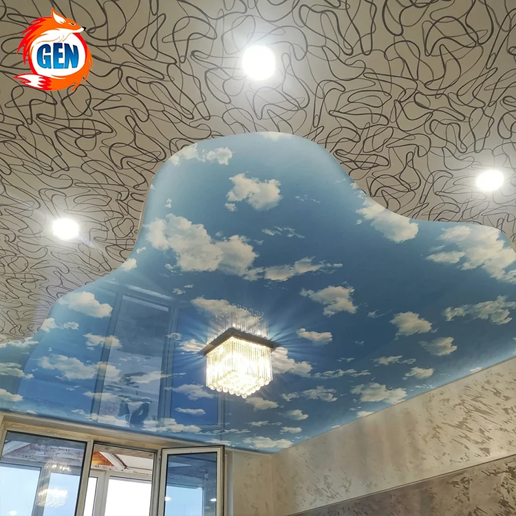 custom indoor ceiling foxygen pvc foil glossy film line patterns interior decoration false pop design sky glossy stretched ceiling-4