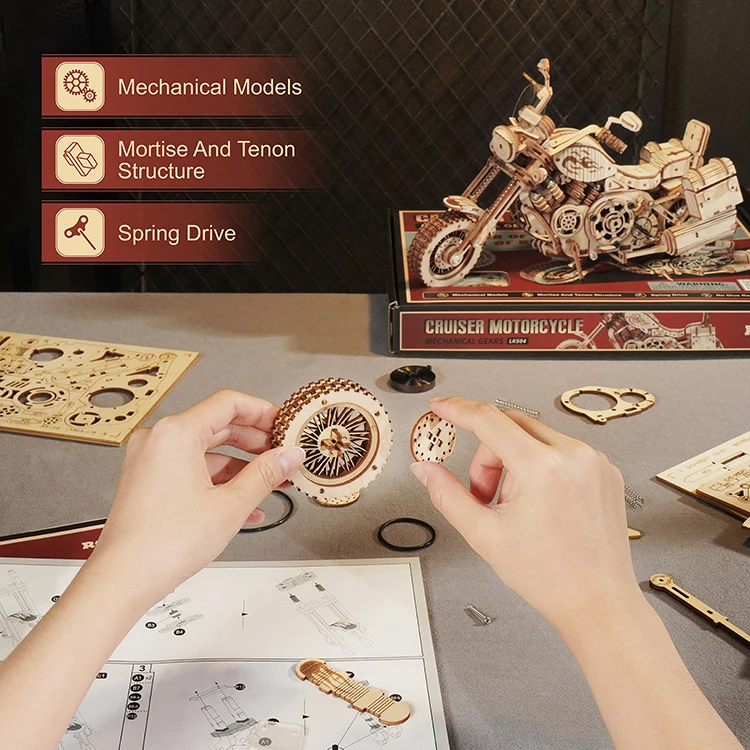 CPC Certificated Robotime Rokr Assemble Toys LK504 Cruiser Motorcycle 3D DIY Wooden Puzzles for Adults