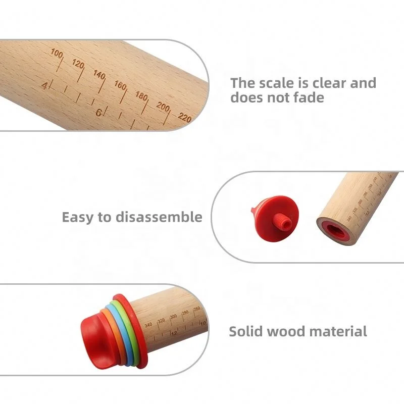 17inch Adjustable Wood Rolling Pin with Thickness Ring Pastry Chapati Fondant Dough Wood Roller Pin