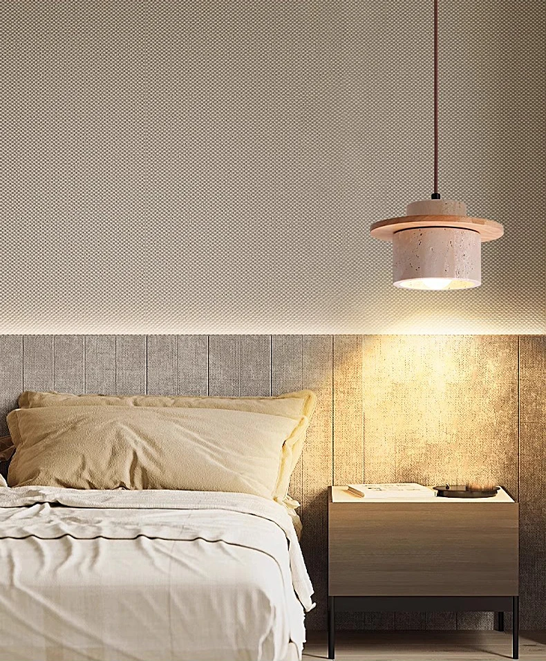 Natural Travertine Pendant Light Modern Wabi Sabi Stone Hanging Lamp Minimalist Dining Room Chandelier Wooden Accent Lighting