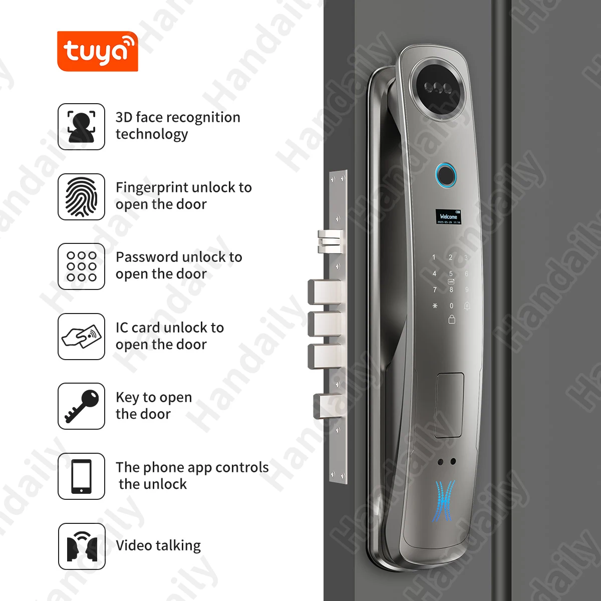 HanDaily Logo Custom Video Talking Smart Lock with Privacy Password Face Recognition Tuya Wifi Digital Locks H8