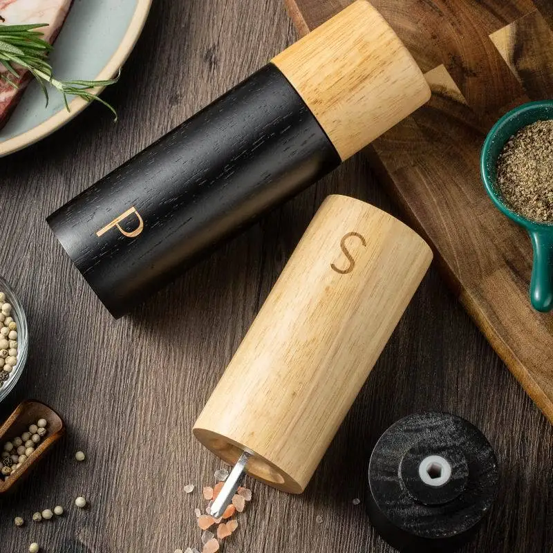 Wooden Salt And Pepper Grinder Set With Tray - Adjustable Coarseness, 8 Inch Tall, Ceramic Core, Refillable