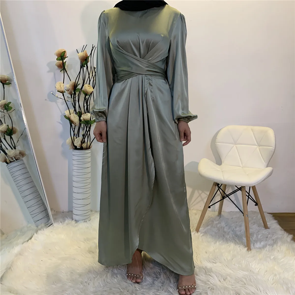 long sleeve maxi satin dress