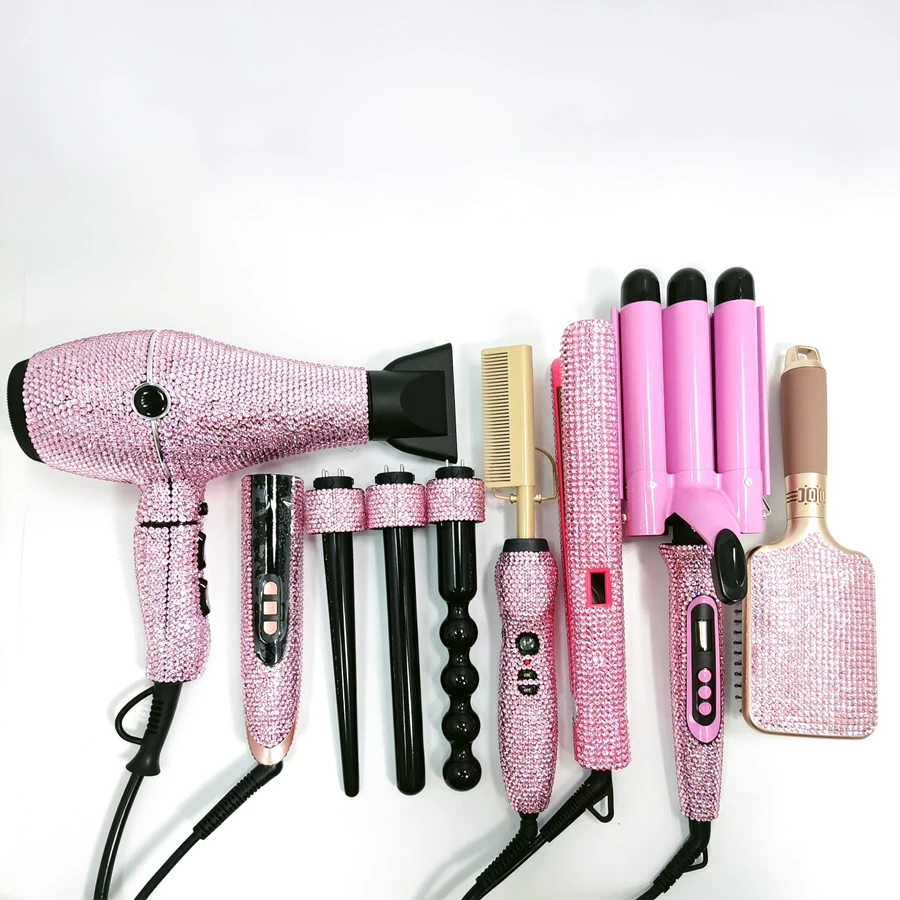 Luxury 6pcs Salon Hot Hair Tools Set Professional Wide Flat Iron Bling  Triple Barrel Curling Iron