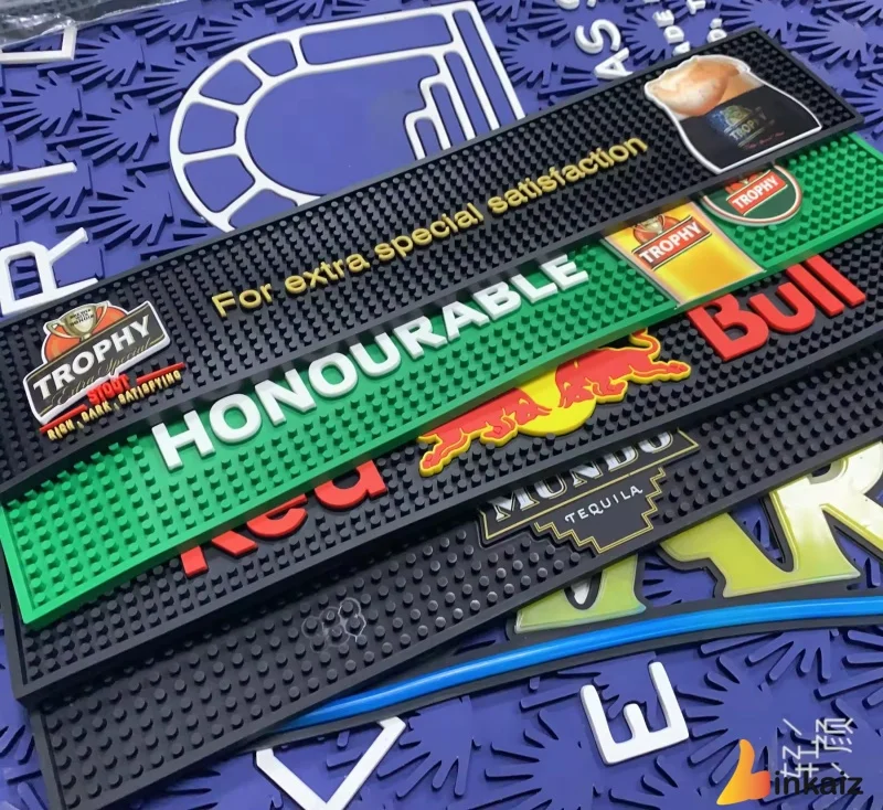 Factory Custom 60x15cm Anti-Slip PVC Rubber Bar Mats Square Silicone Beer Mat with Personalized Logo Smile Design