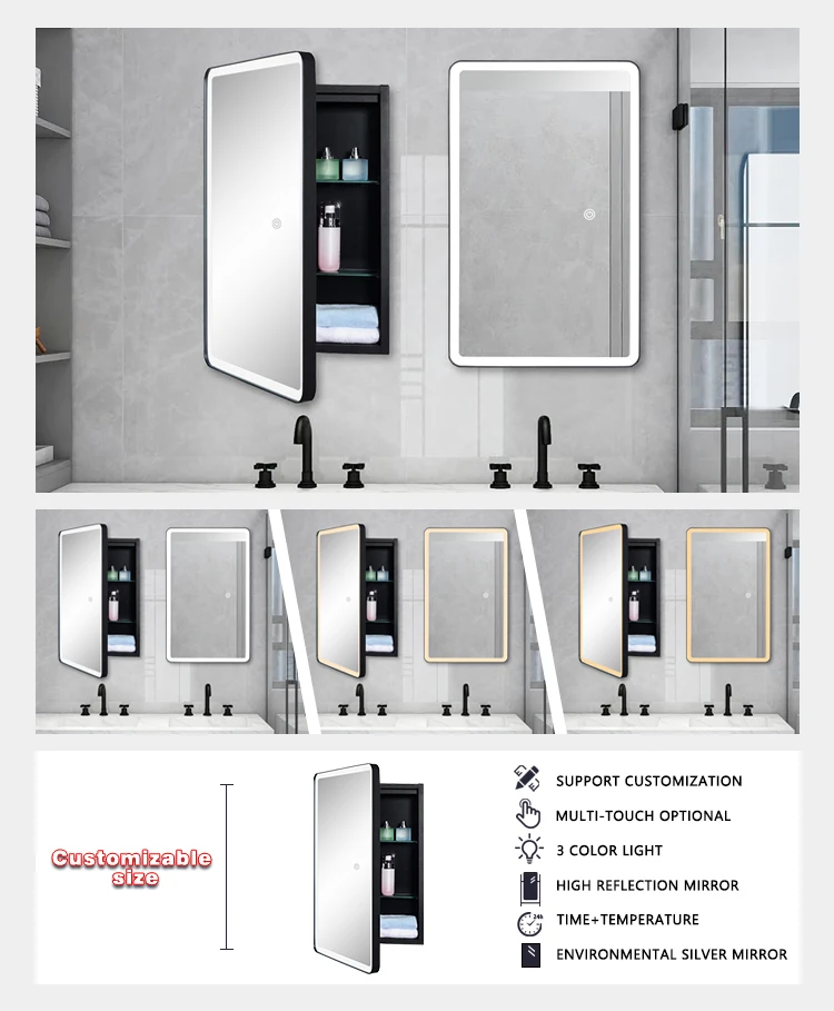 product custom wall mounted led toilet mirror cabinet defog storage smart bathroom lighted medicine cabinet with mirror-4