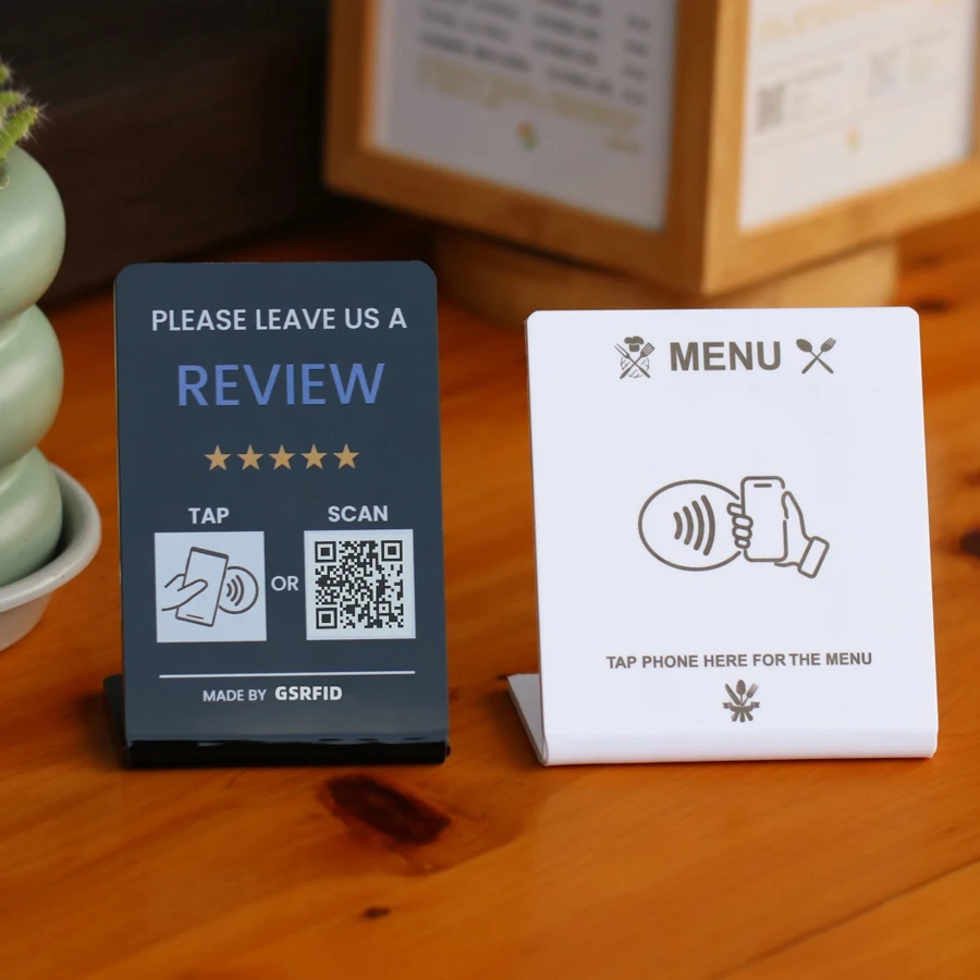 Custom Acrylic Google Review NFC Table Stand Display Qr Code for Restaurant Menu Instagram Facebook Whatsapp Linkedin