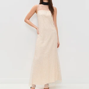 Wisrise Fashion Manufacturer Custom Women's Beige Embellished Grid Mesh Bow Back Sleeveless Elegant Party Maxi Dress
