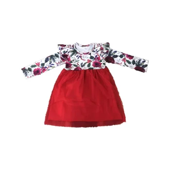 wholesale long sleeve high quality milk silk flower design boutique for girl red gauze dress girls' dresses kids clothes