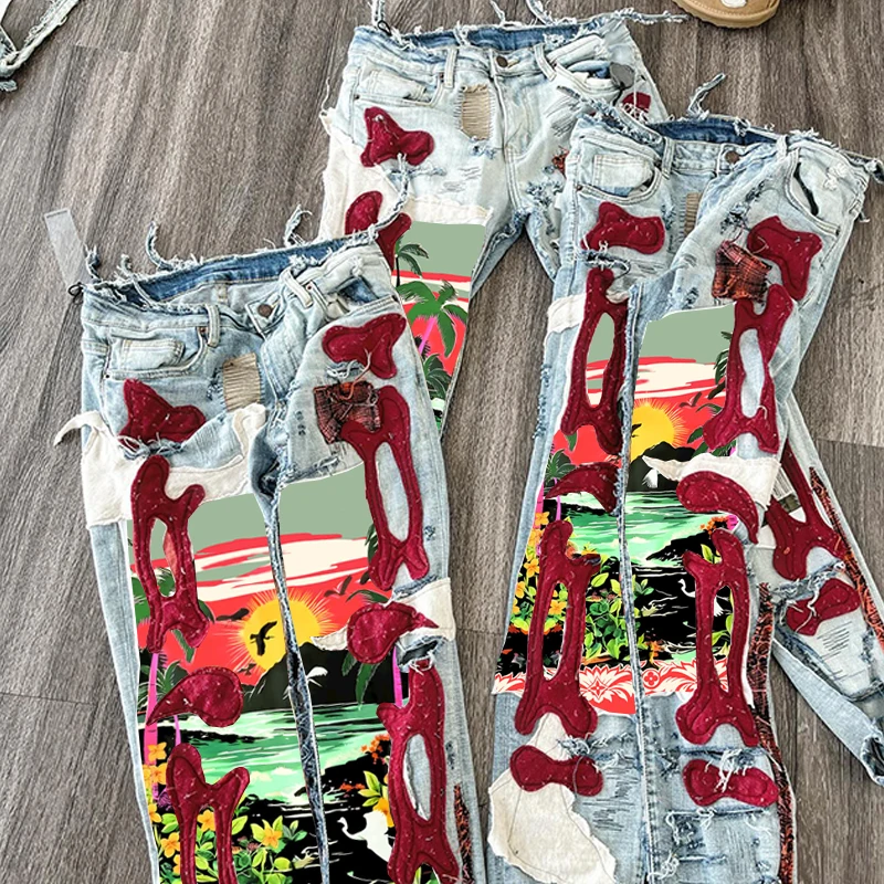 DiZNEW Custom Designer Acid Wash Glitter Stacked Jeans Pants Distressed Rip Vintage Jeans Streetwear Jeans
