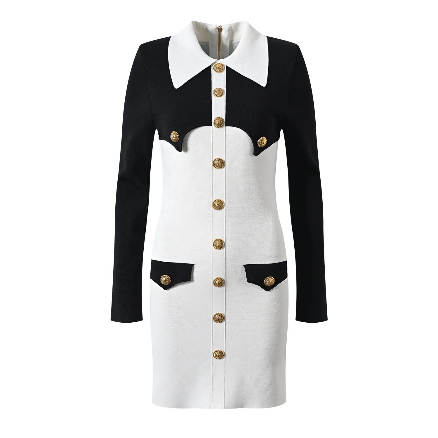 black and white long sleeve bandage dress Herve Leger Stella Long Sleeve V Neck Dress