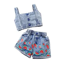 Summer Europe and American style wholesale kids fashion clothing denim tank top + shorts girls child set