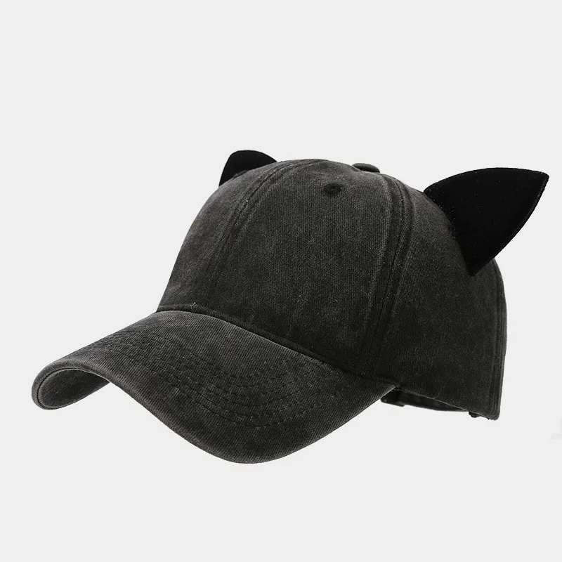 New Original Distressed Dad Hat With Lovely Cat Ear Baseball Cap for Women Vintage Washed Denim Bunny Ear Baseball Cap Gorras